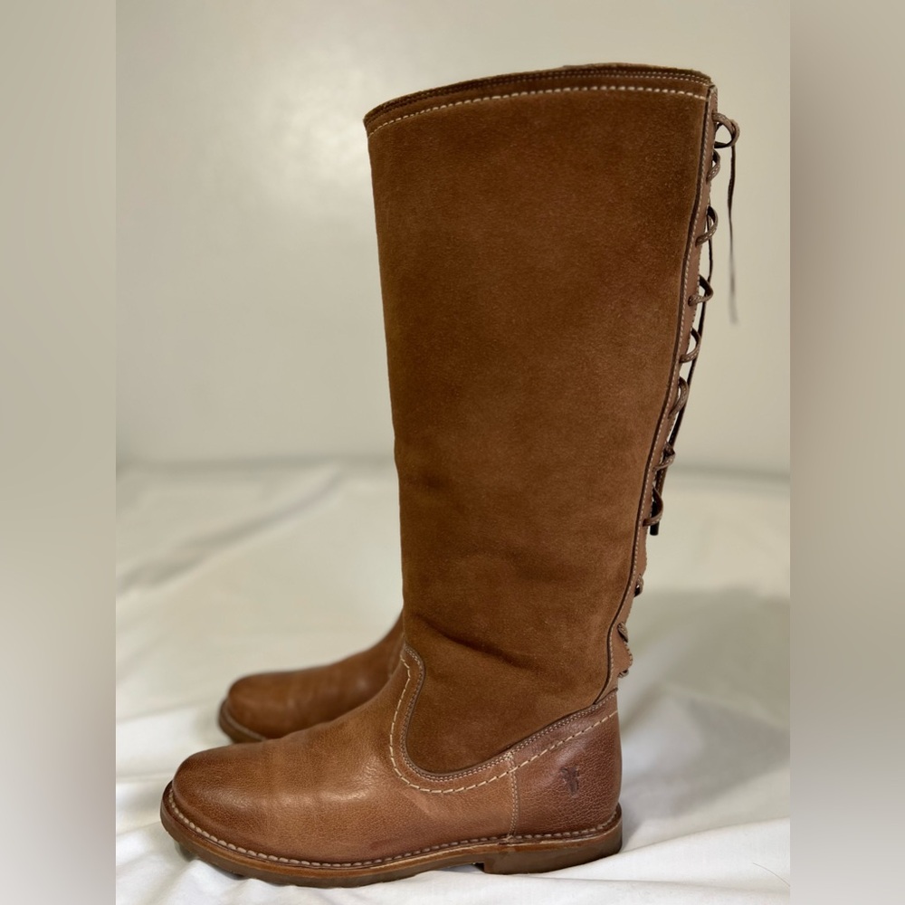Frye Riding Cozy Tall leather Shearling lined Equestrian Boots Lace Up Back - Picture 4 of 13